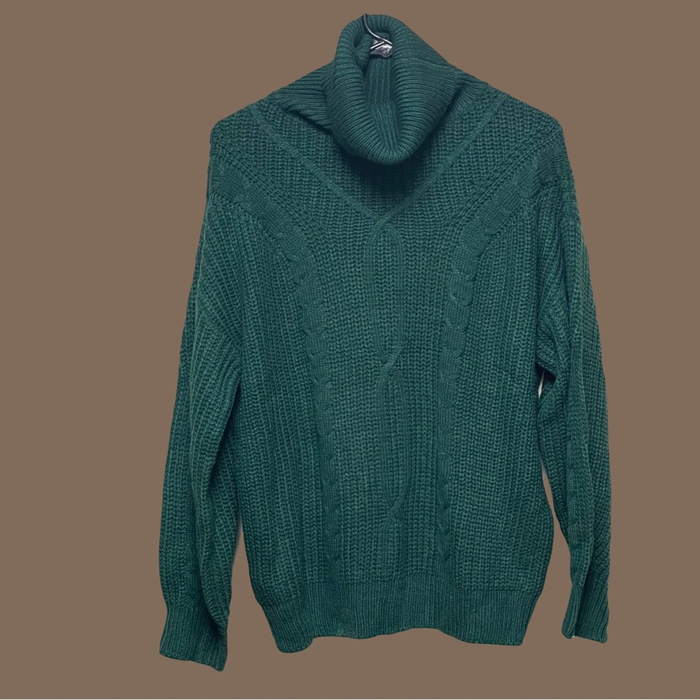 Green Turtleneck Cable Knit Sweater